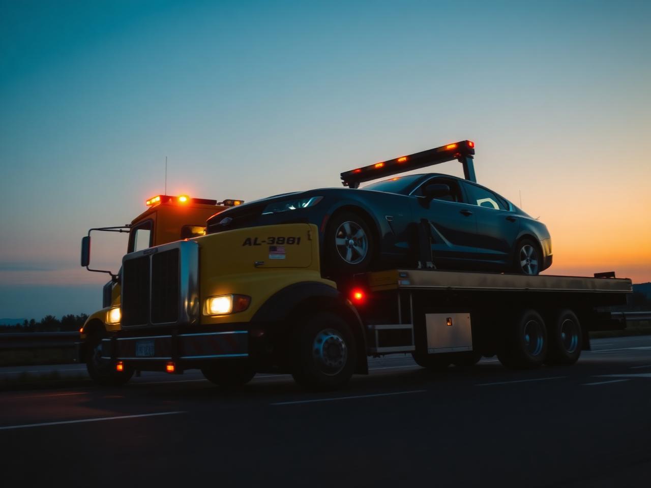 Dépanneuse jaune 68 Dépannage chargeant un véhicule au crépuscule